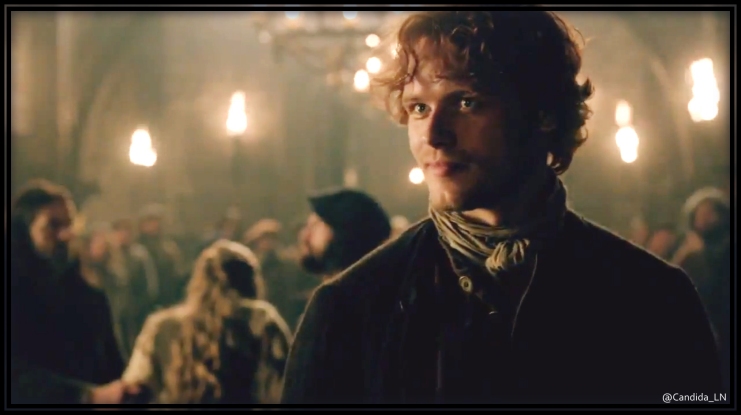 With a twinkle in his eye, Jamie (Sam Heughan) offers to take Laoghaire's punishment.