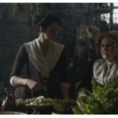 Caitriona Balfe as Claire Randall & Annette Badland as Mrs. Fitz